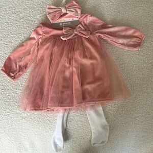 Baby Starters Three Piece Set includes white tights, pink sparkly dress & bow